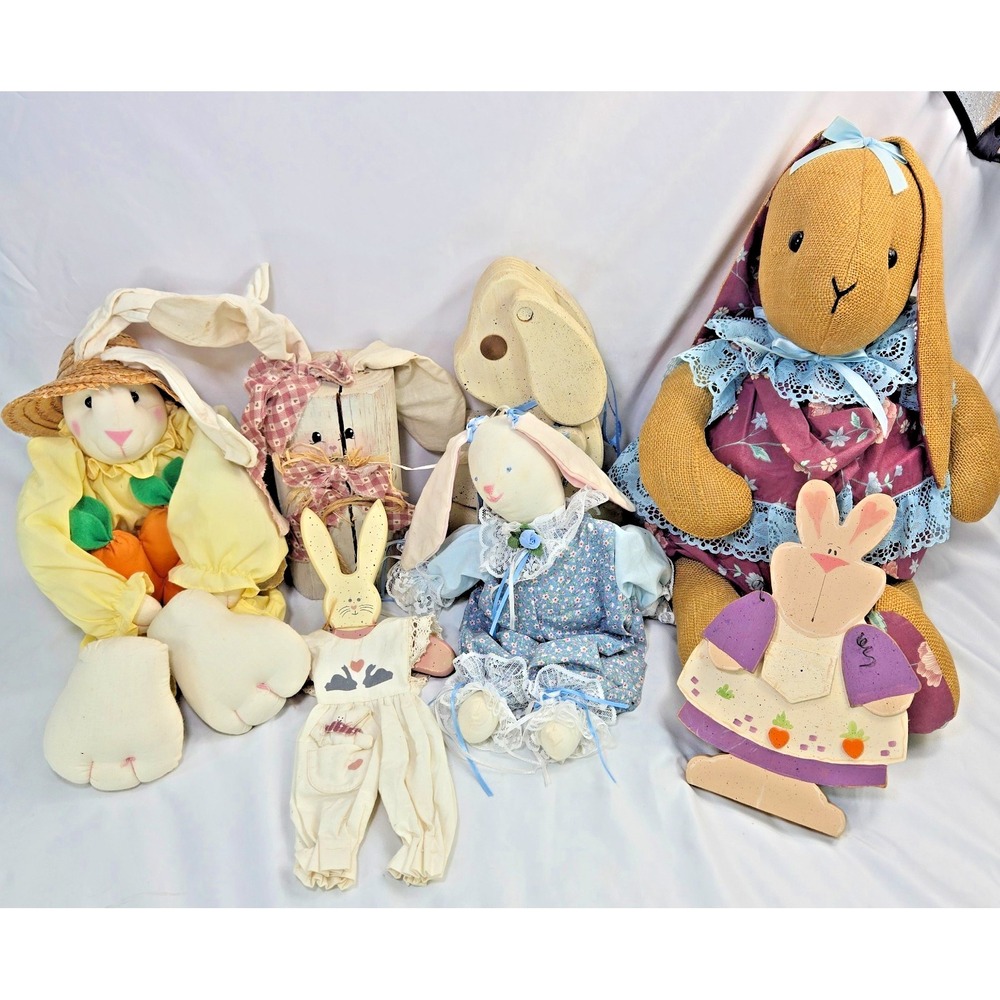 Vintage Country Folk Primitive Bunny Rabbit Lot Muslin Wood Fabric Wall Hanger
